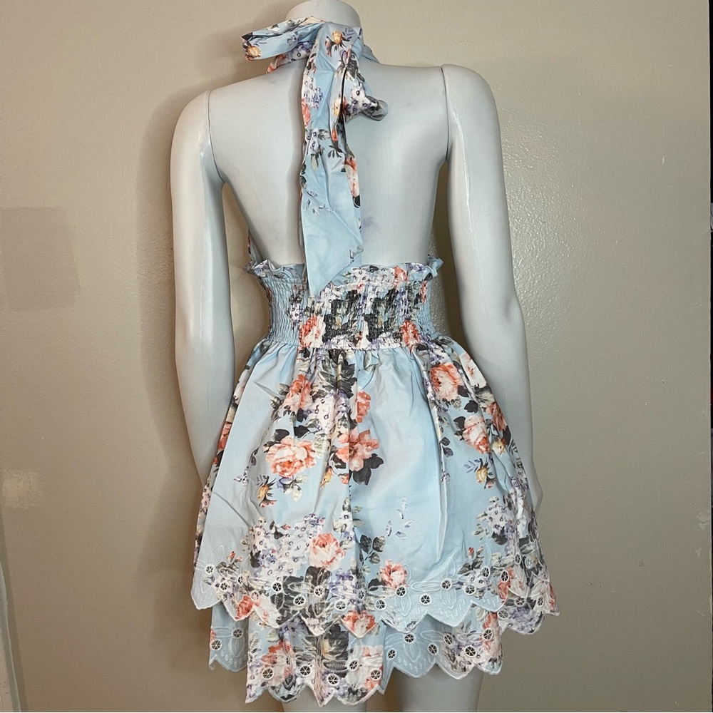 Light blue floral print halter neck deep V-neck ruffle scalloped hem mini dress - Picture 11 of 12